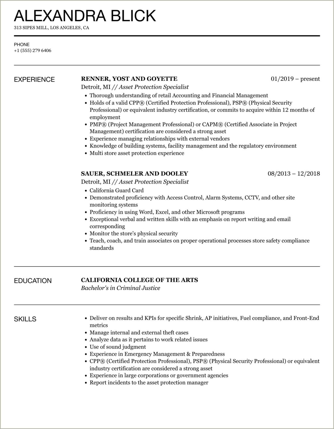 Asset Protection Job Description For Resume