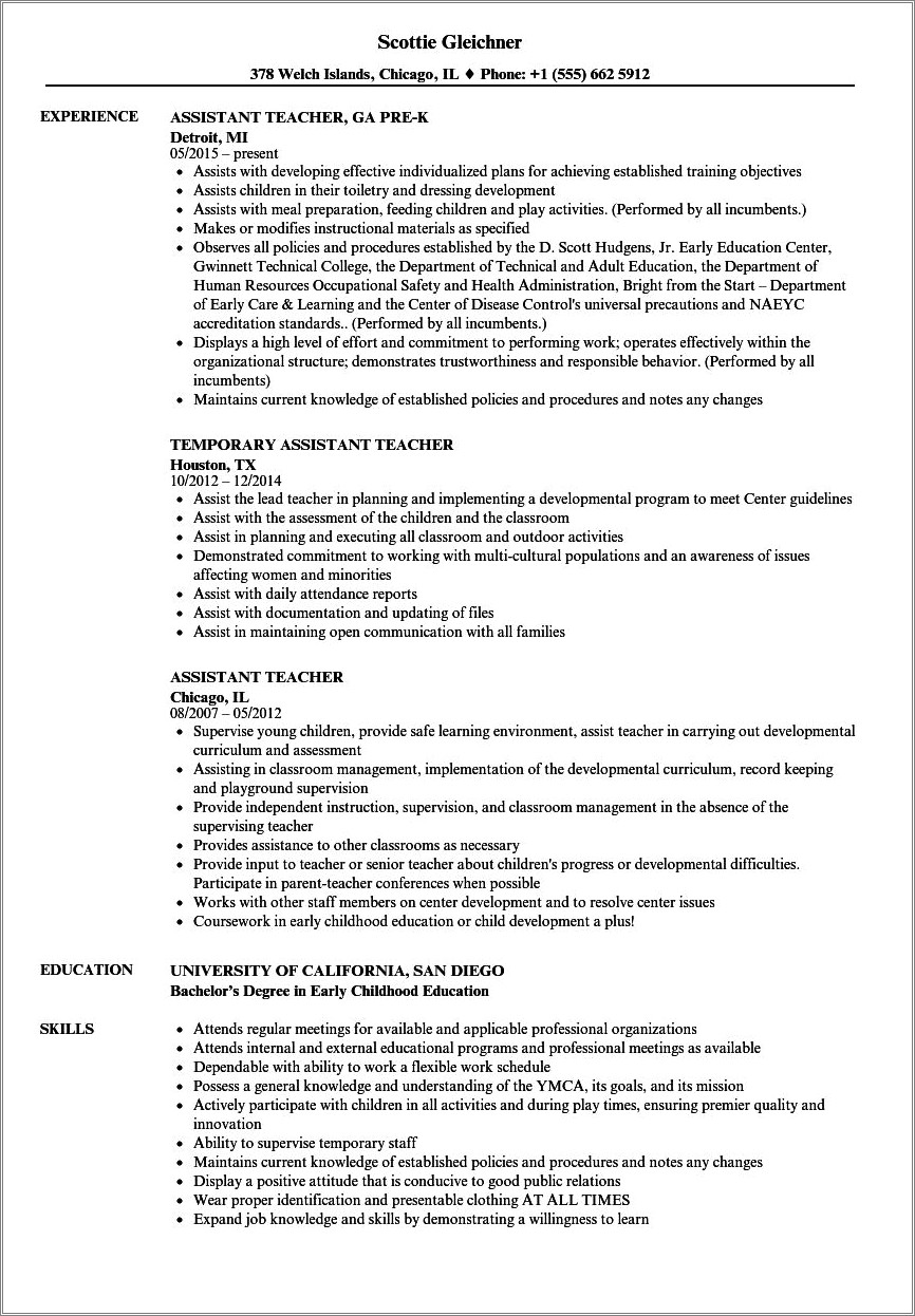 Assisant Director Preschool Job Description Resume