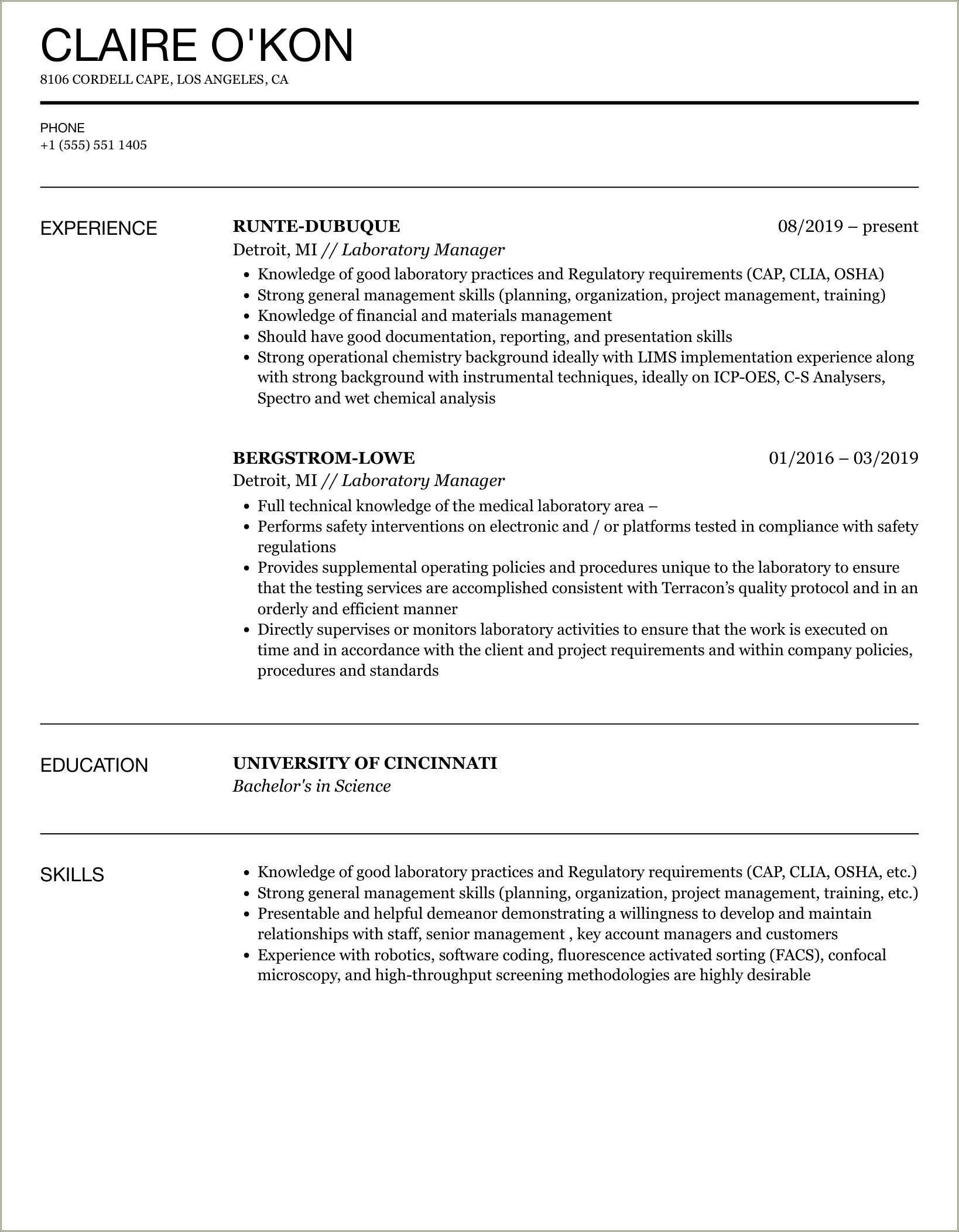 Assist Lab Manager In Developing Experimental Procedures Resume