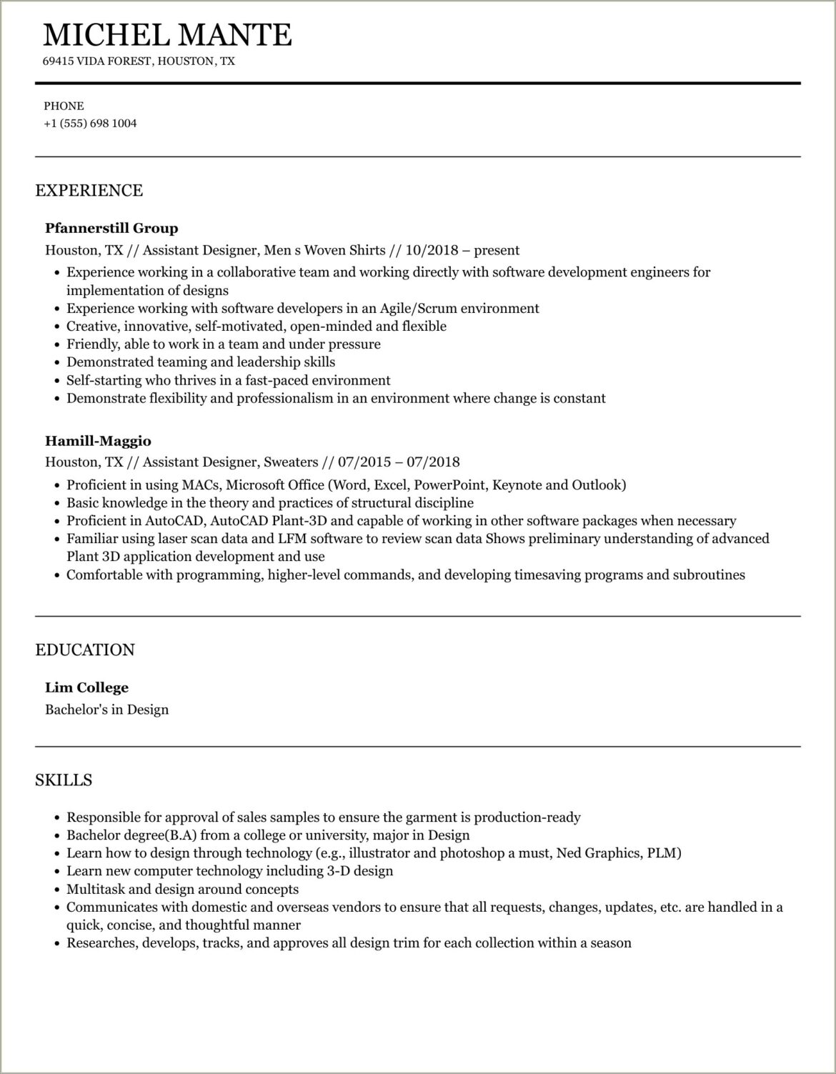 Assistant Designer Entry Level Resume Sample