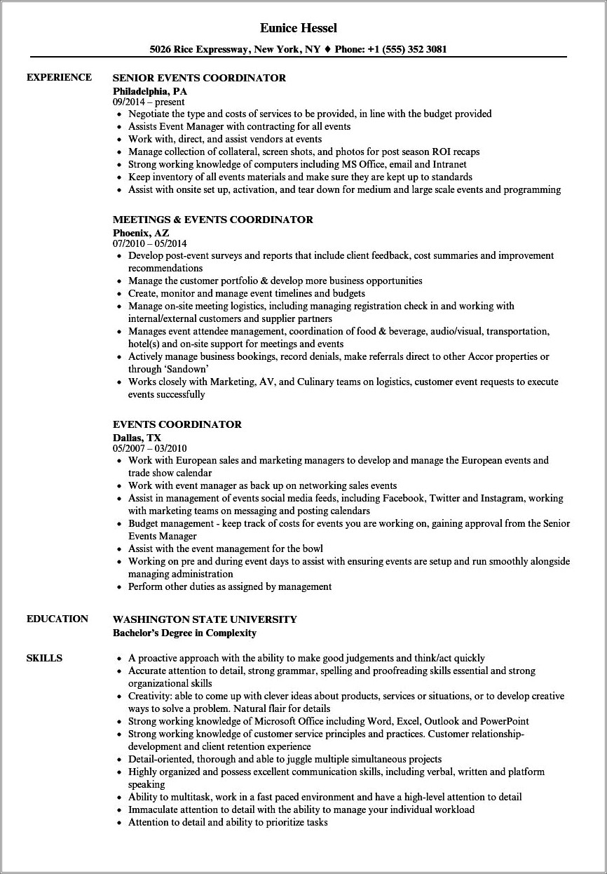 Assistant Event Coordinator Job Description Resume