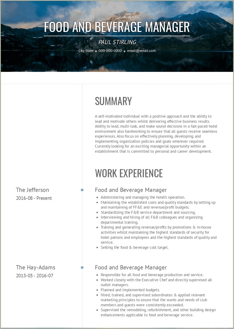 Assistant Food And Beverage Manager Resume Pdf