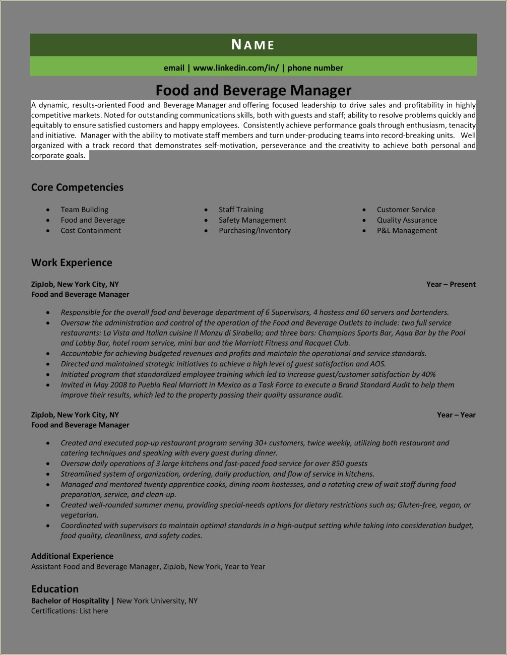 Assistant Food And Beverage Manager Resume