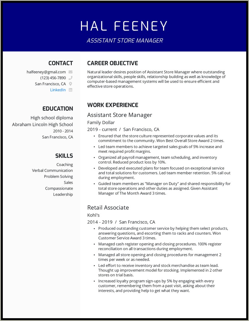 Assistant General Manager Of A Restaurant Resume