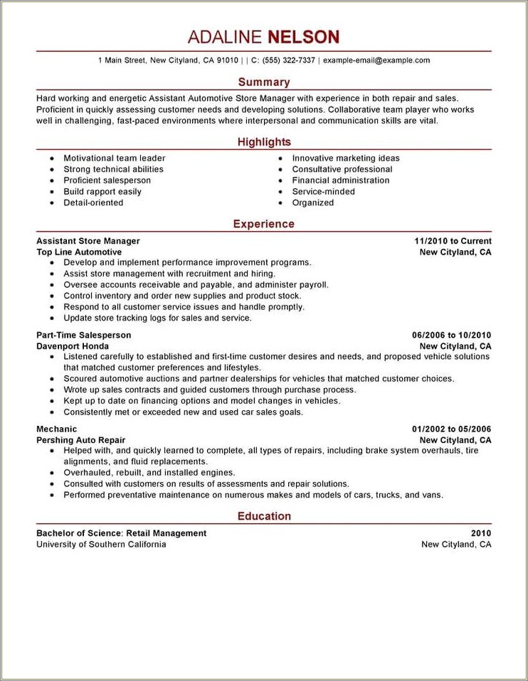 Assistant General Manager Of Auto Dealership Resume