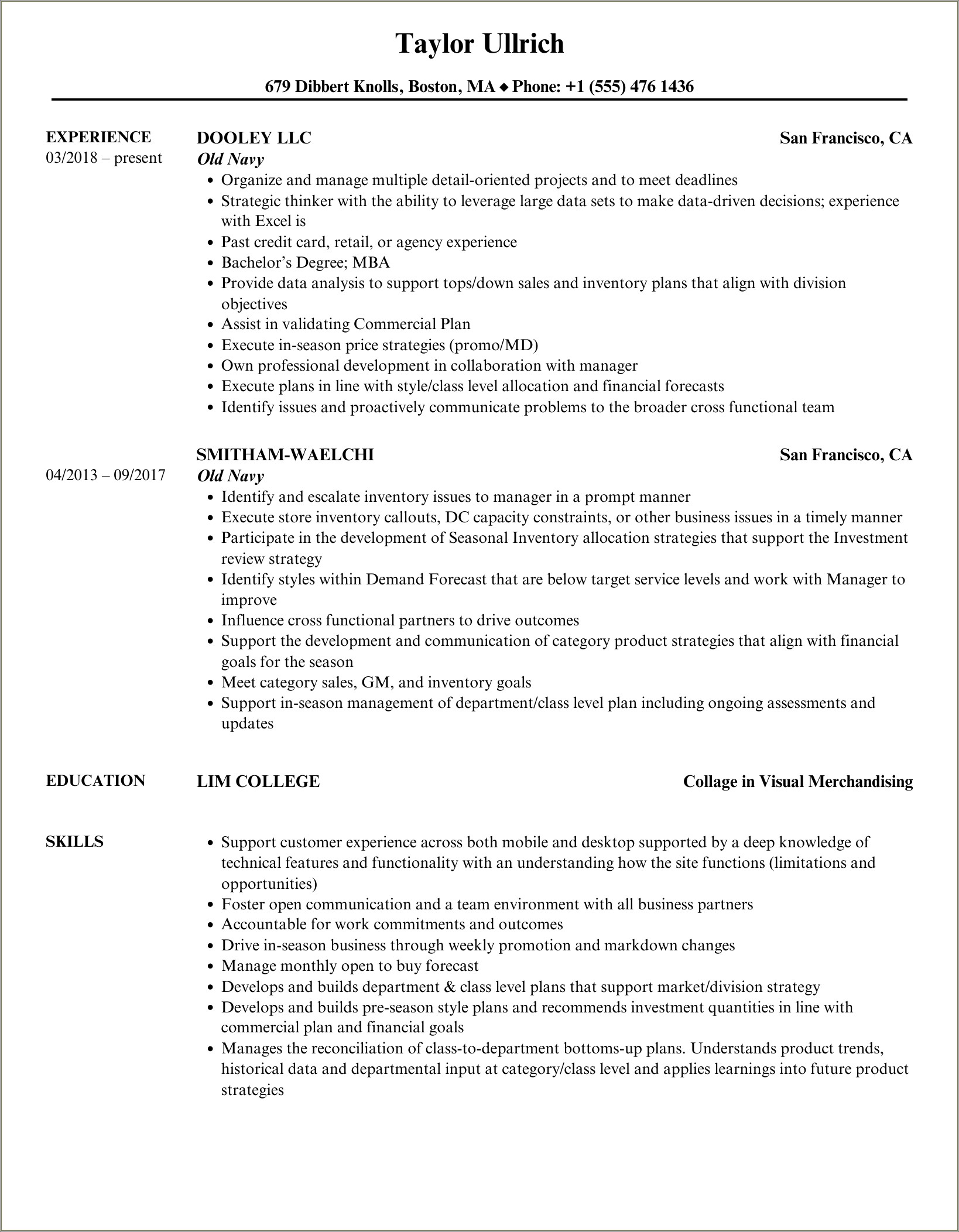 Assistant General Manager Old Navy Resume
