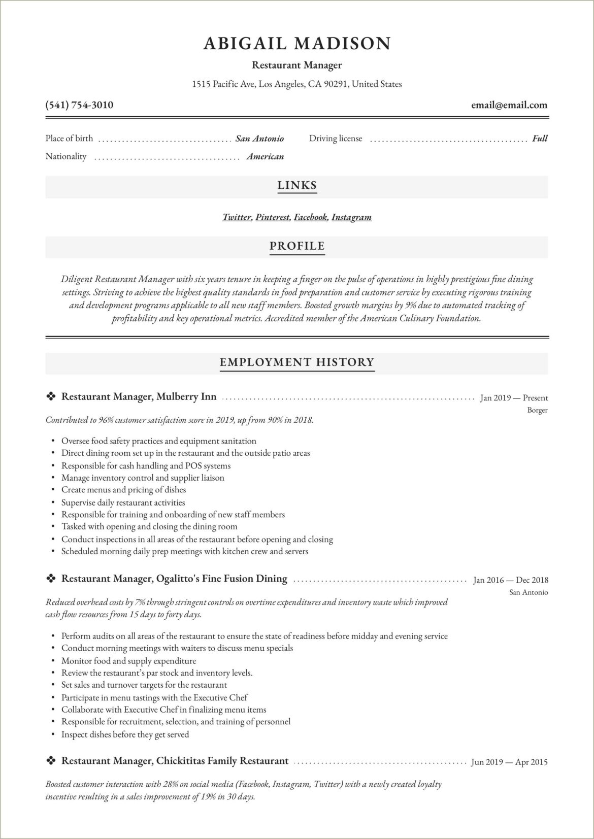 Assistant General Manager Restaurant Resume Sample