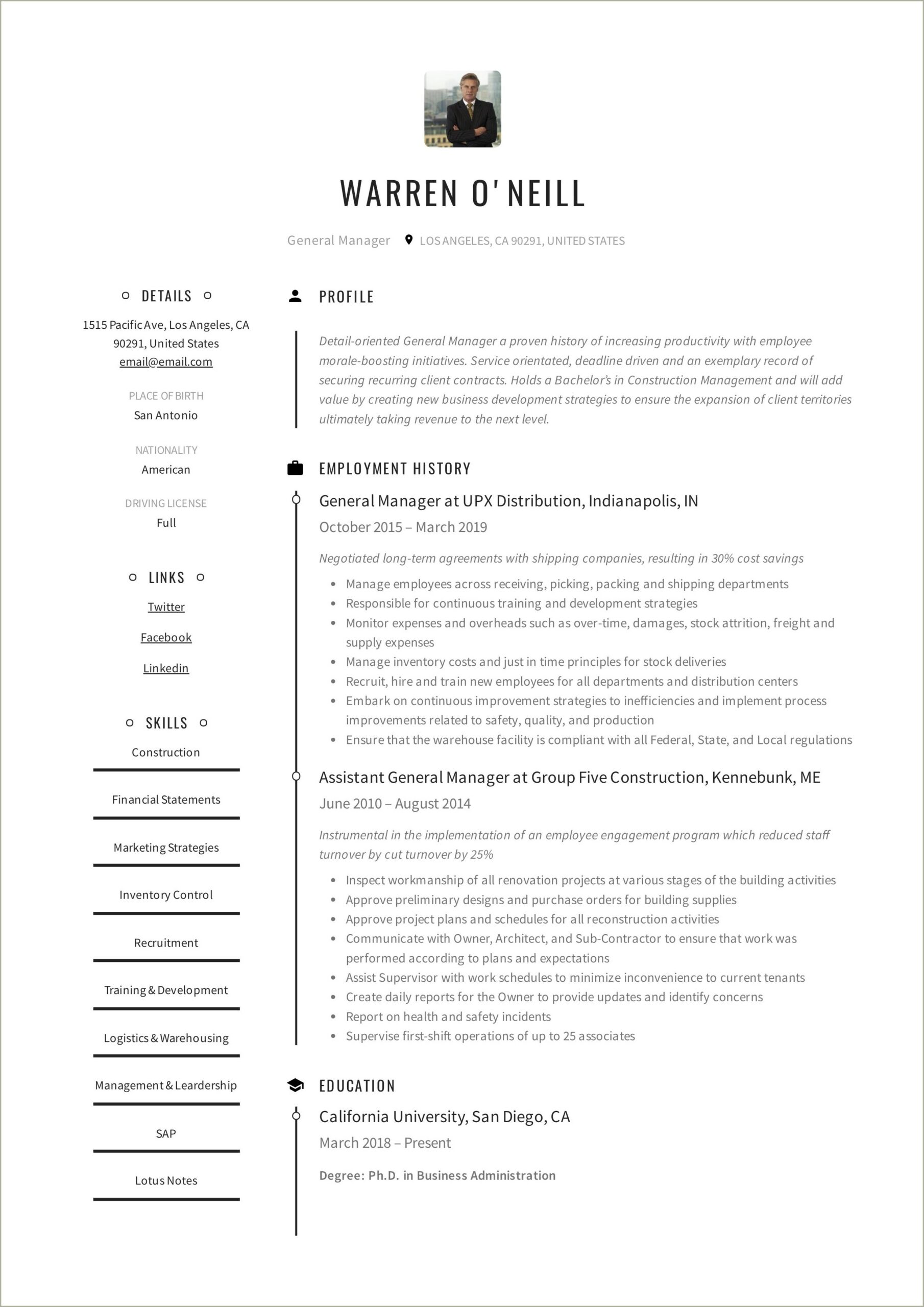 Assistant General Manager Resume Skills Example