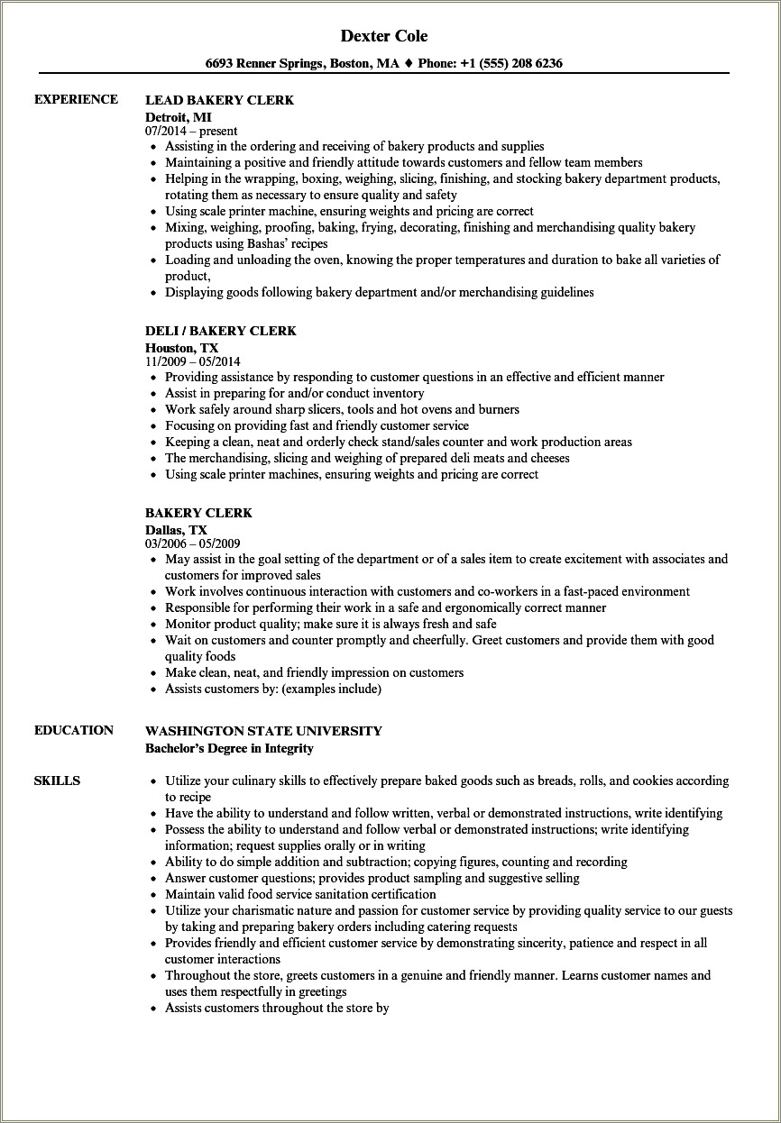 Assistant Manager Bakery Job Description For Resume