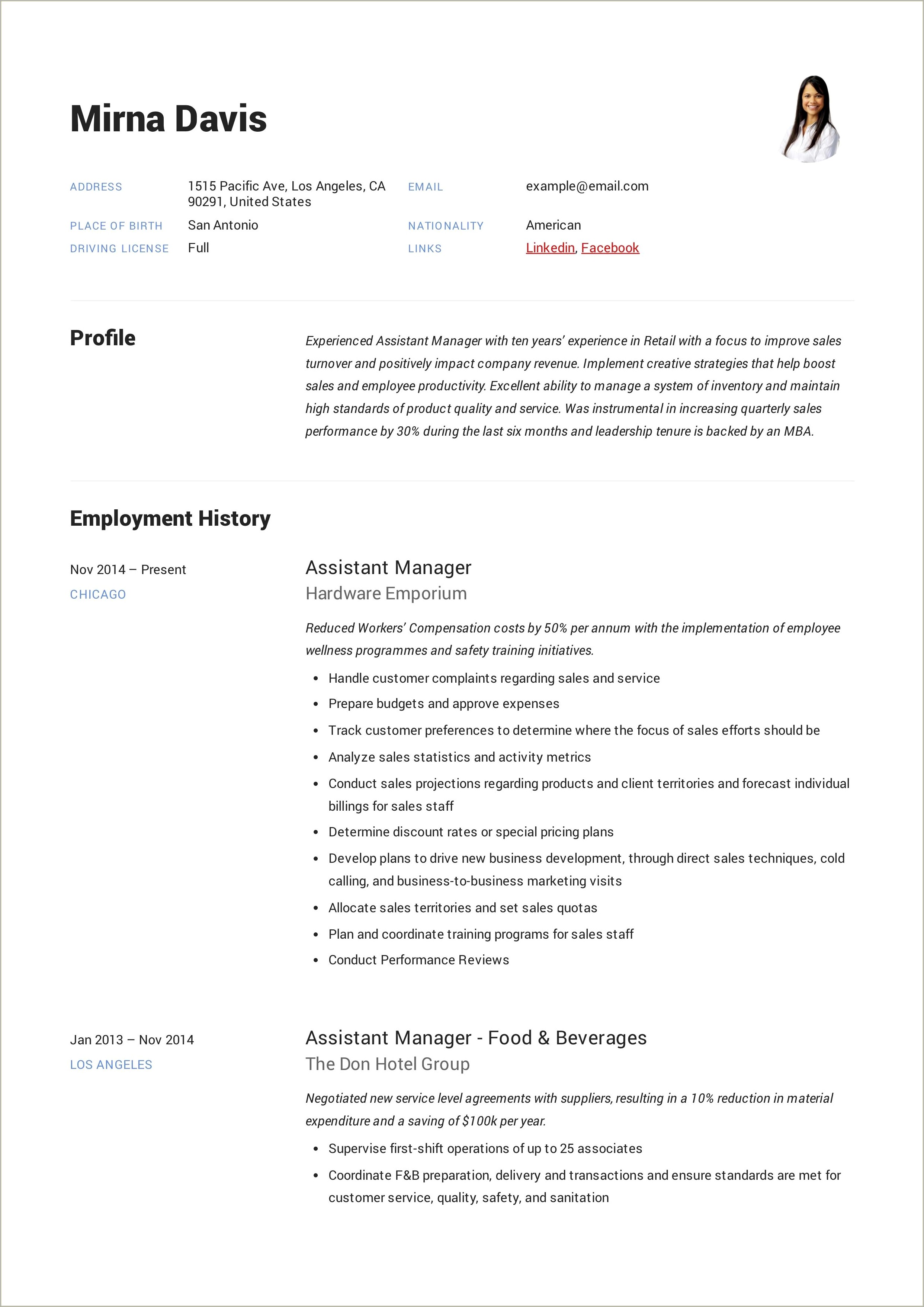 Assistant Manager Descriptions For A Resume