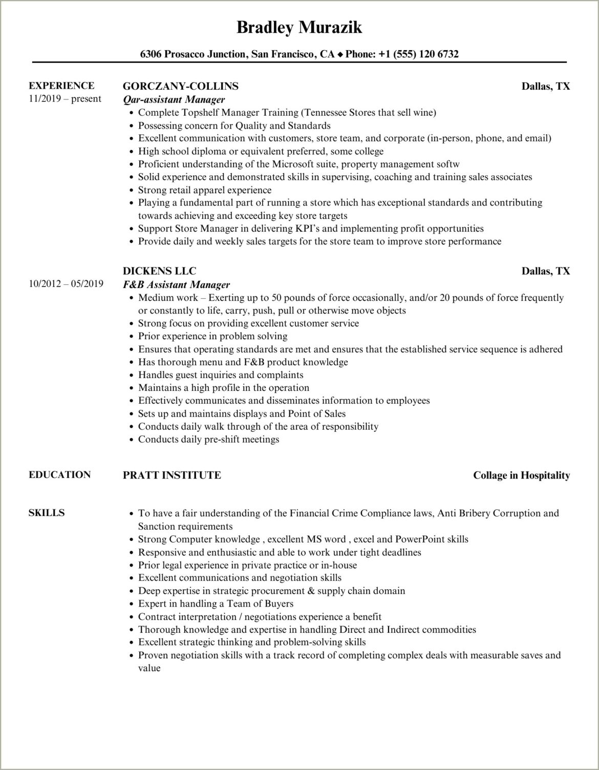 Assistant Manager Enterprise Rent A Car Resume