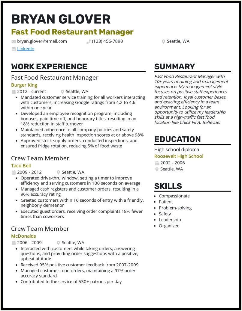 Assistant Manager Fast Food Job Resume