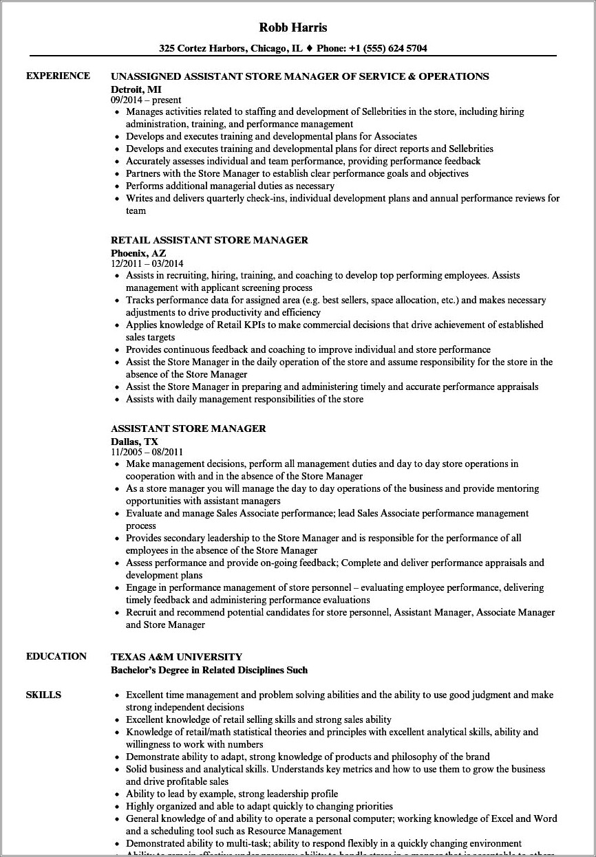 Assistant Manager Job Skills For Resume