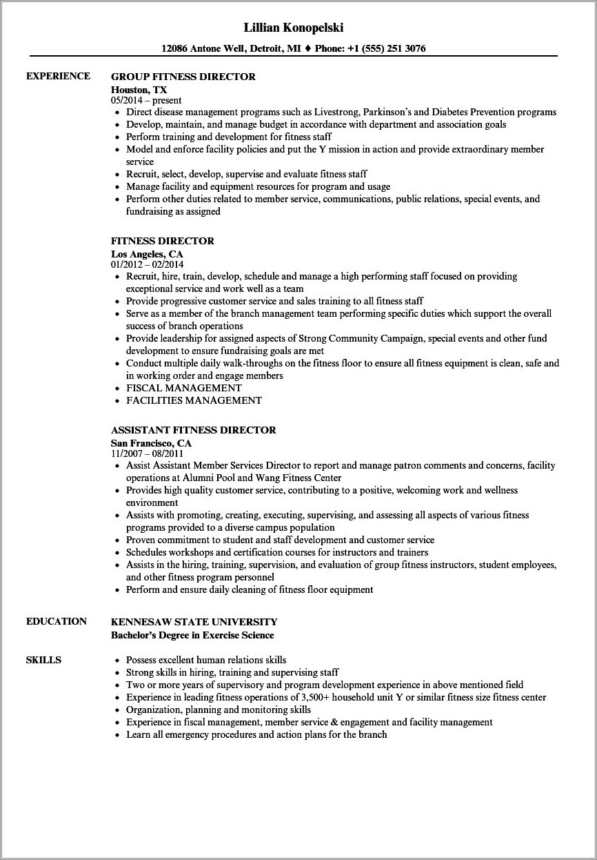 Assistant Manager Of Fitness Club Sample Resume
