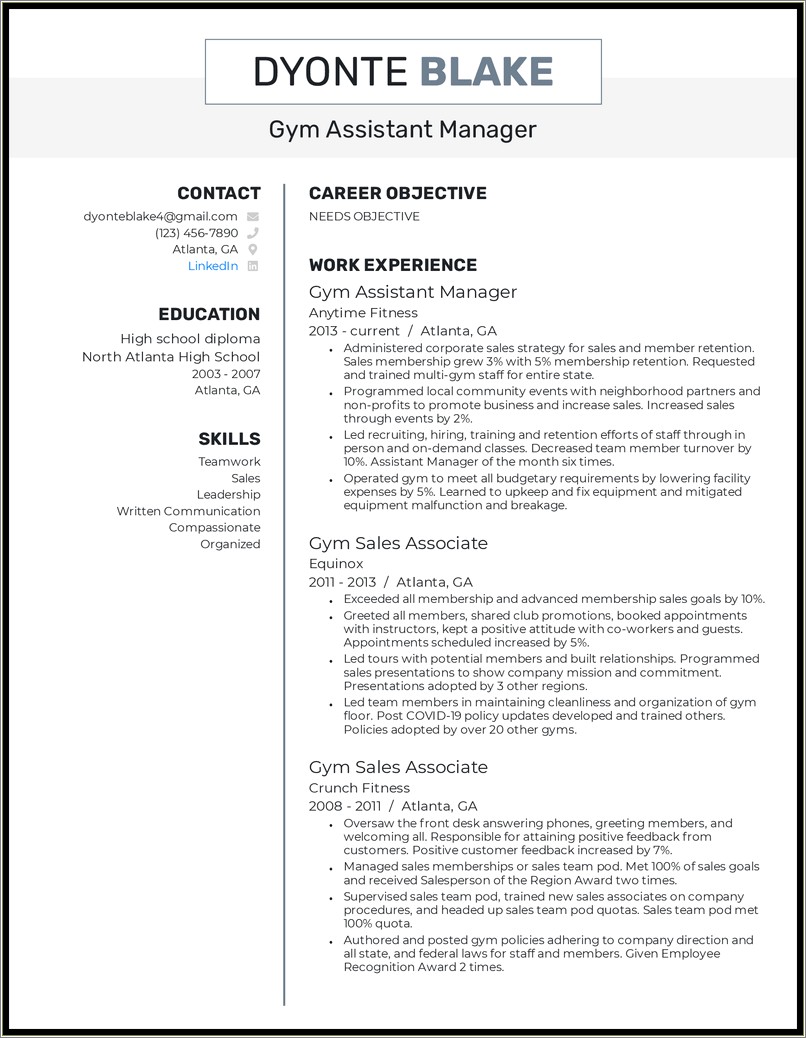 Assistant Manager Resume With No Experience