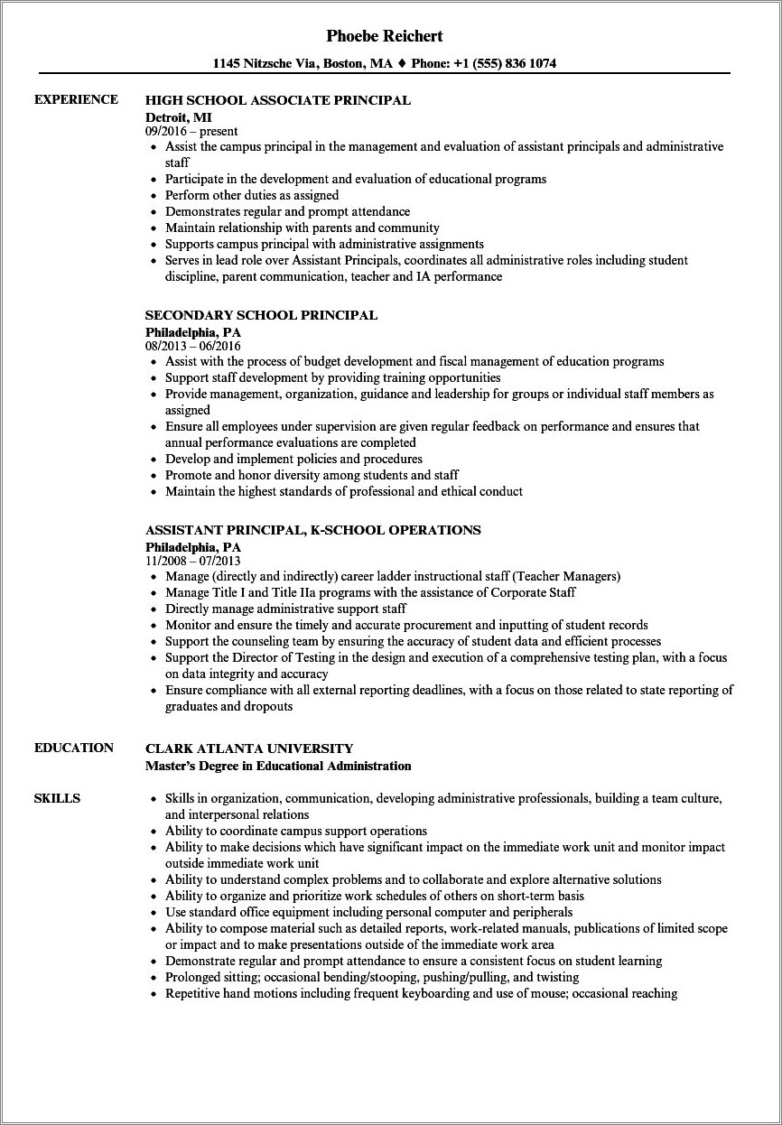 Assistant Principal Job Description For Resume