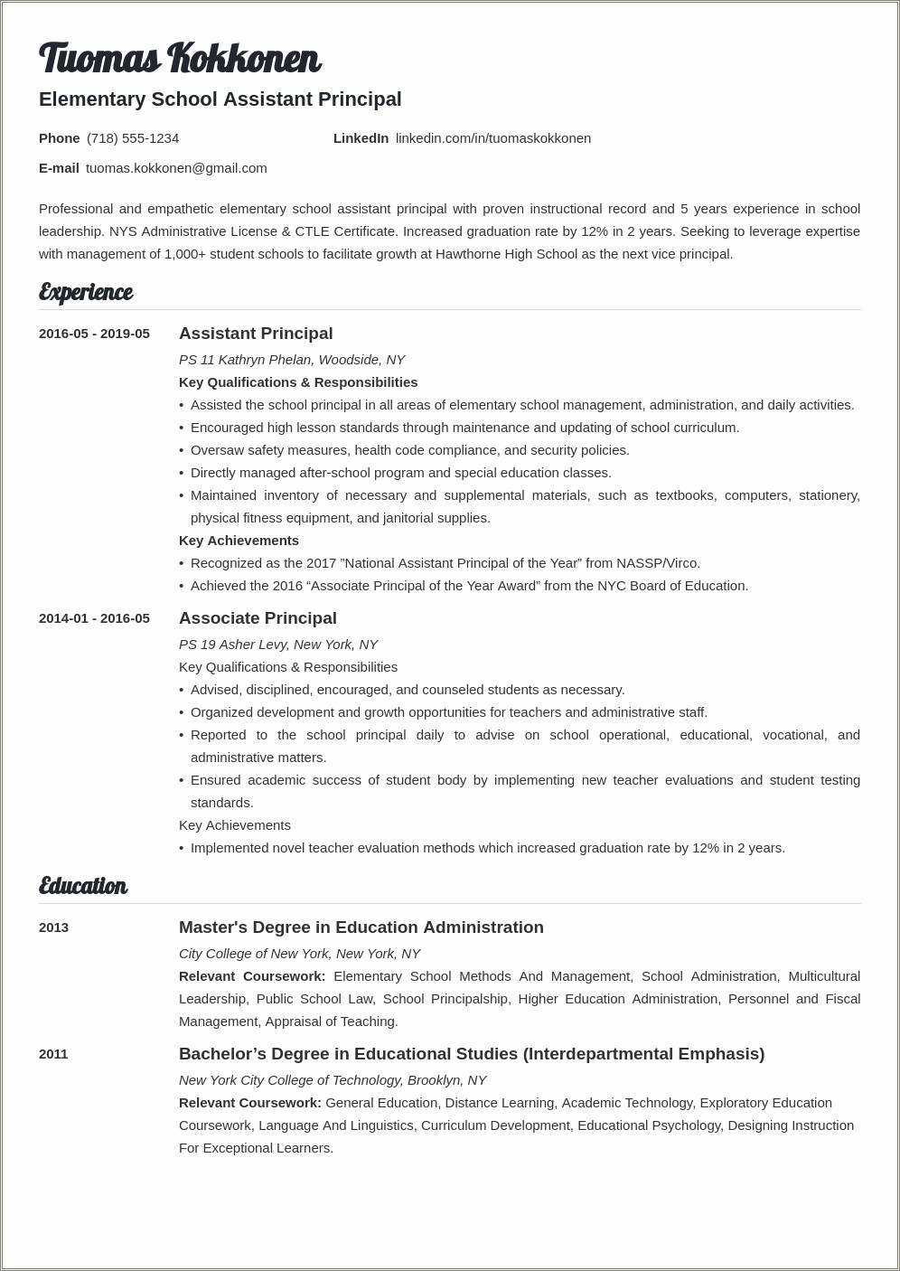 Assistant Principal Resume With No Experience