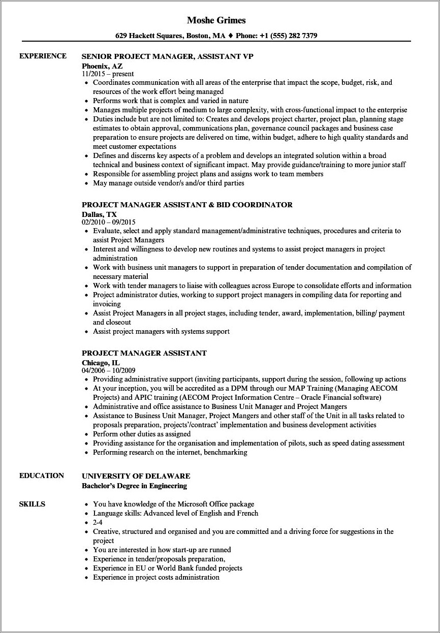 Assistant Project Manager Job Description Resume