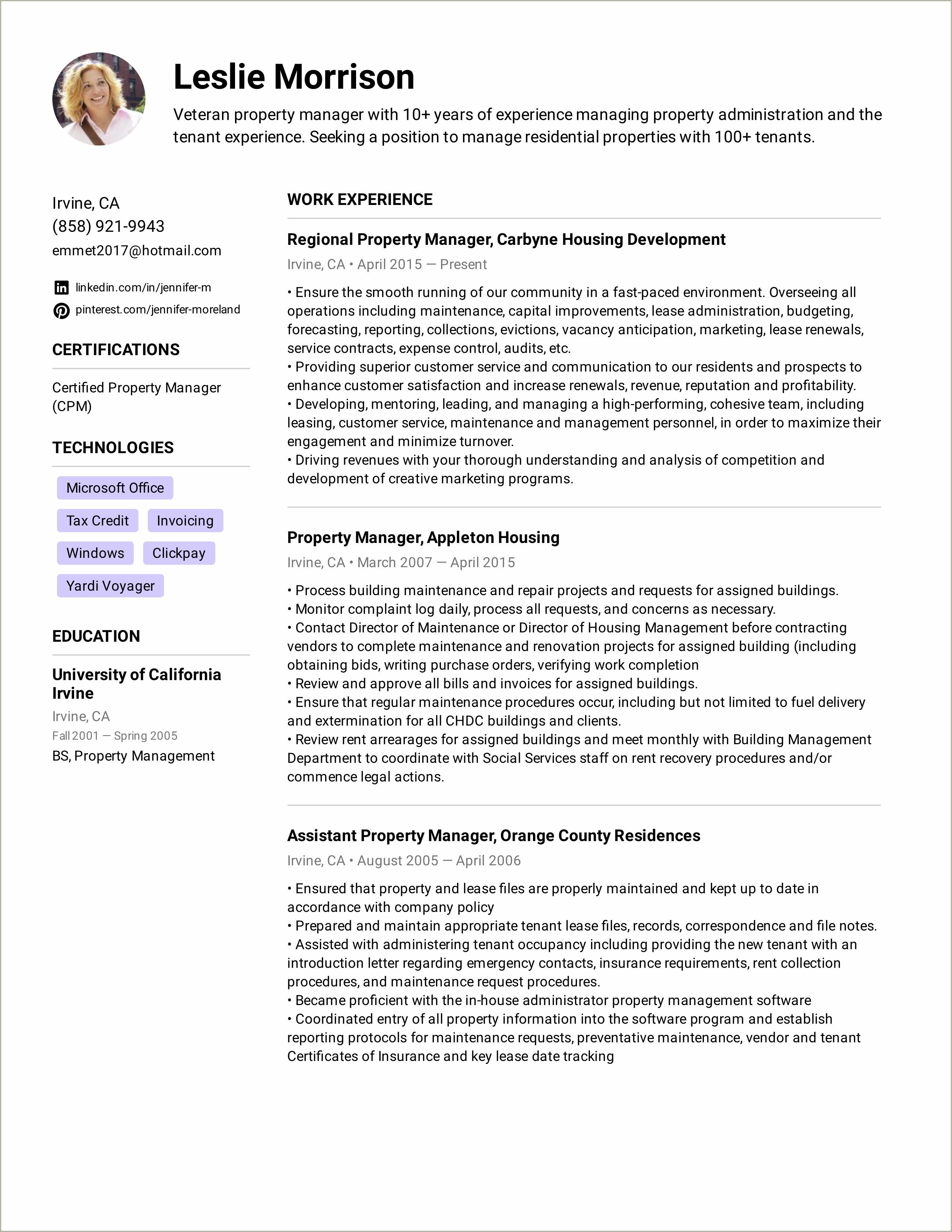 Assistant Property Manager Job Description For Resume Objective