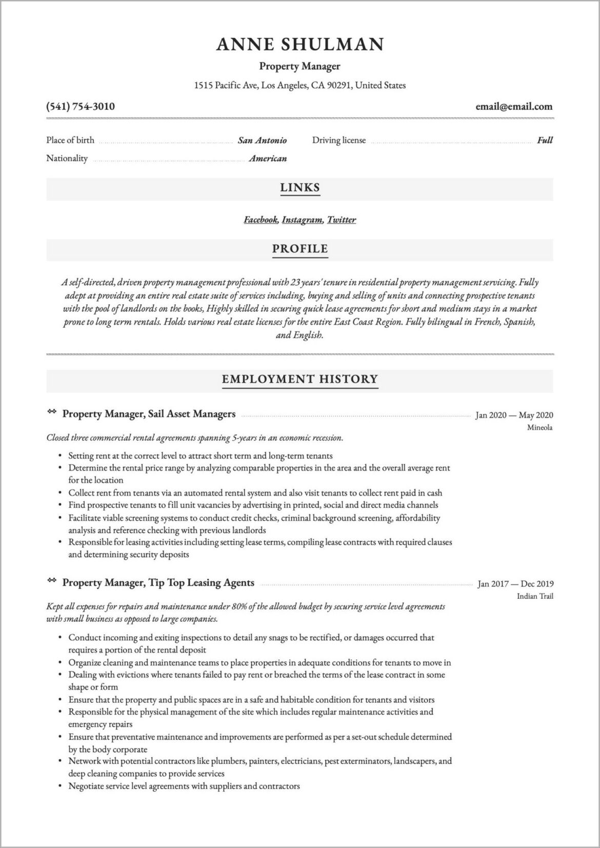 Assistant Property Manager Lease Up Resume