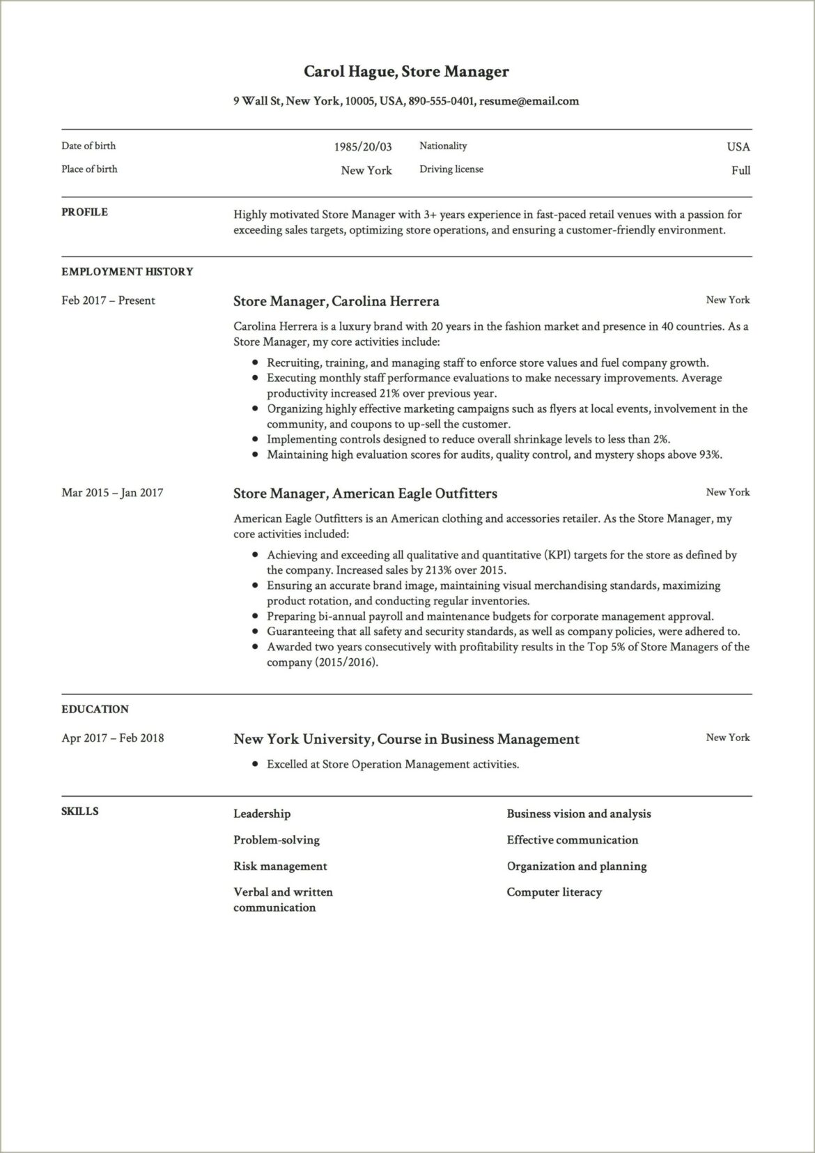 Assistant Store Manager Job Description For Resume