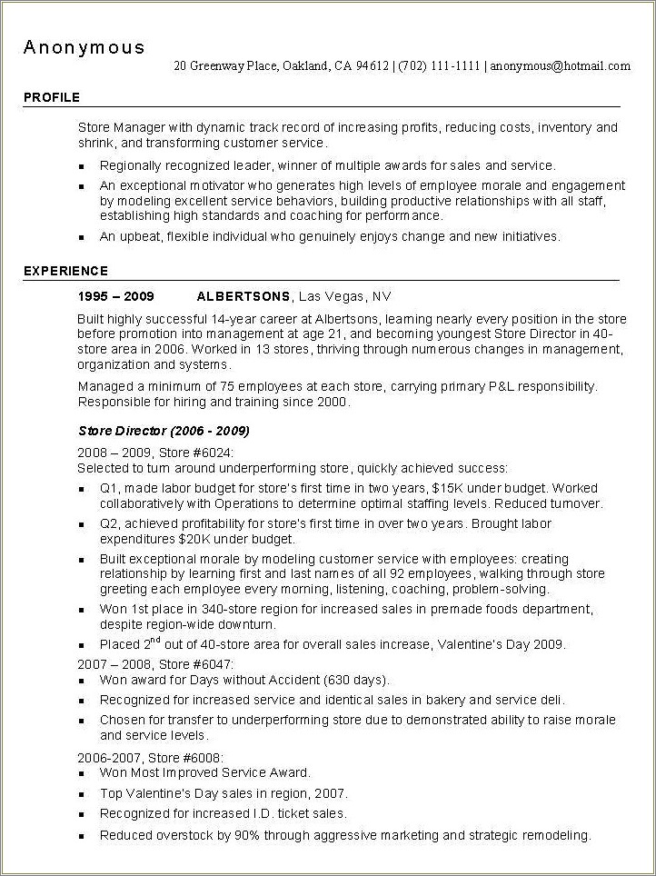 Assistant Store Manager Resume Toys R Us
