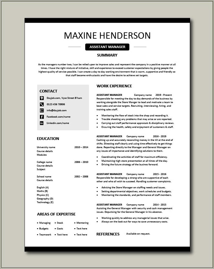 Assistant Store Manager Resume Word Format