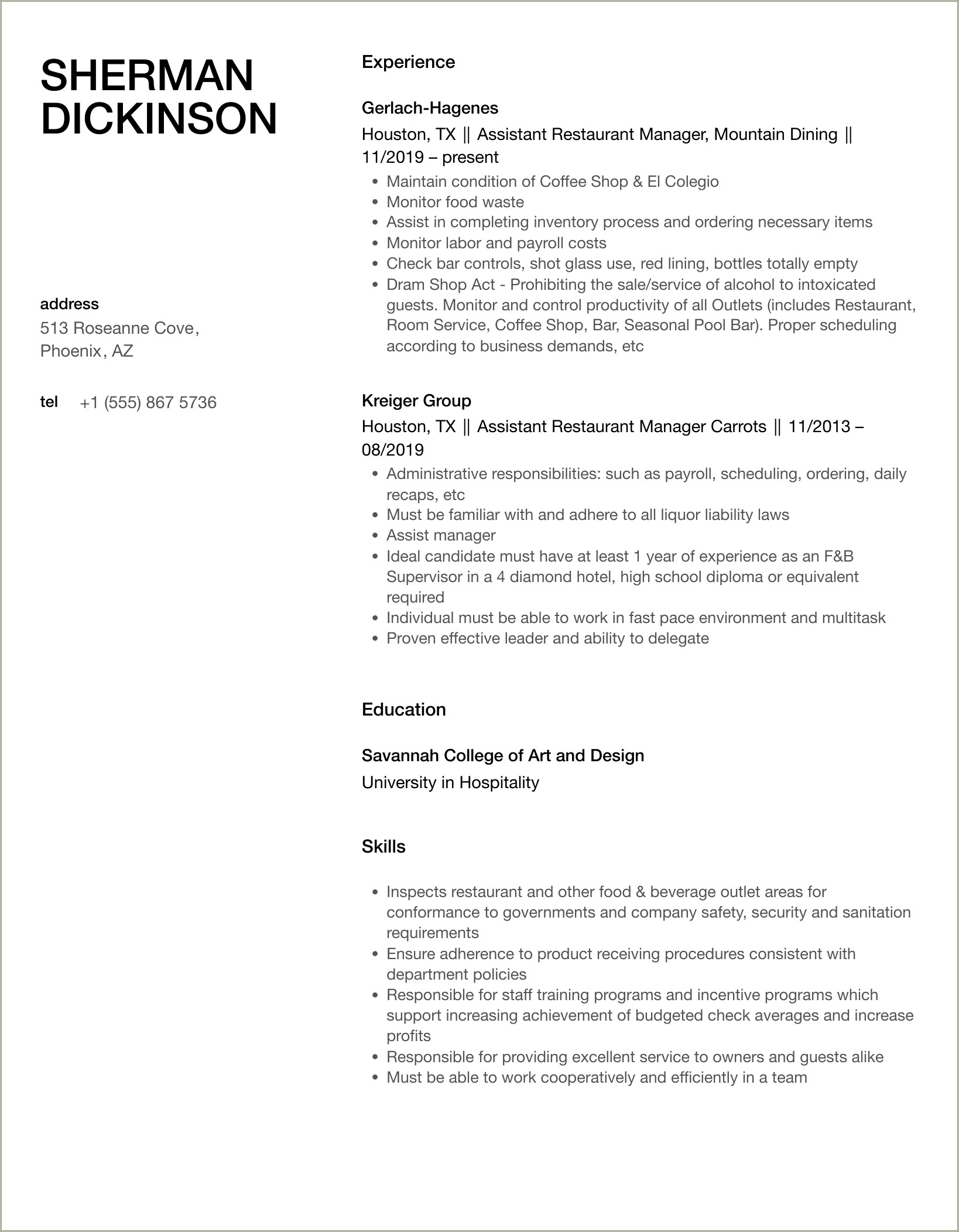 Assitant Restraunt Manager Work Experience Resume