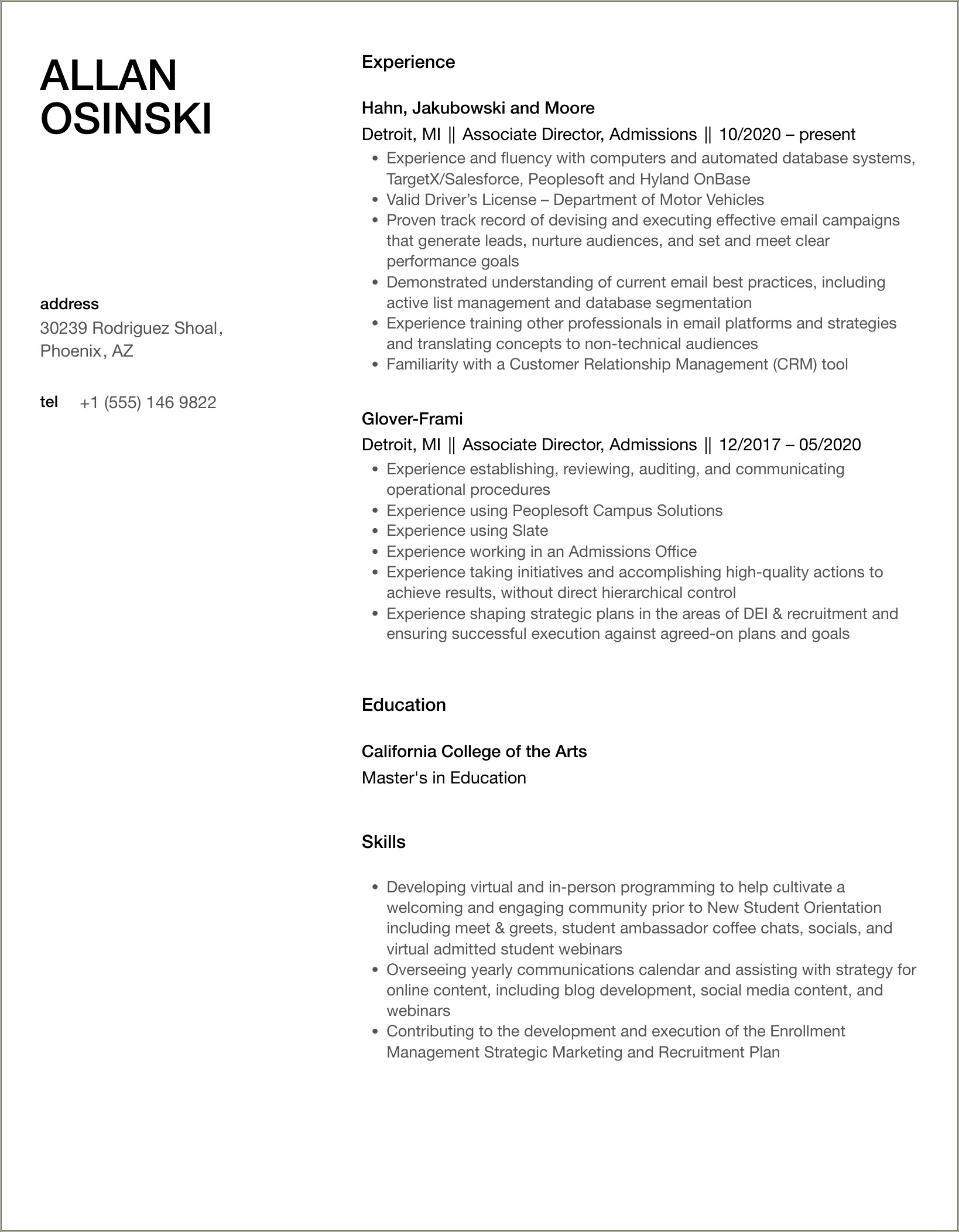 Associate Director Of Admissions Resume No Experience