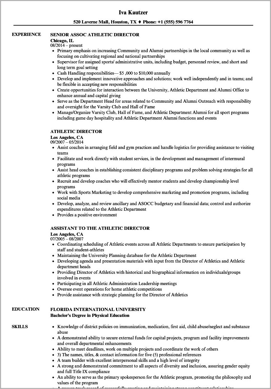 Athletic Director Job Description For Resume