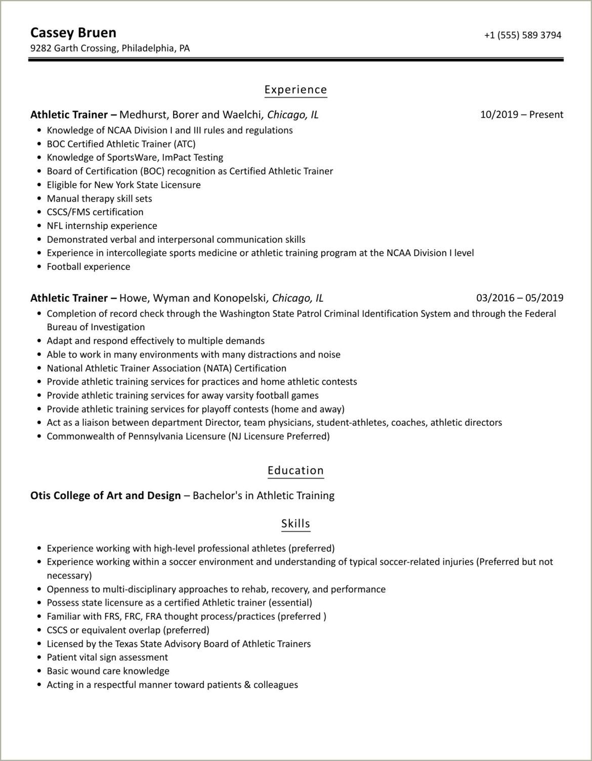 Athletic Trainer Job Responsibilities For Resume