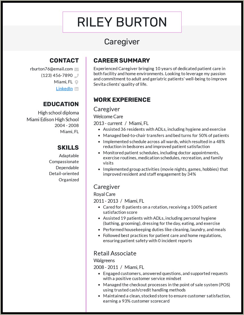 Attention To Detail Prioritizing Family Caregiver Resume Example