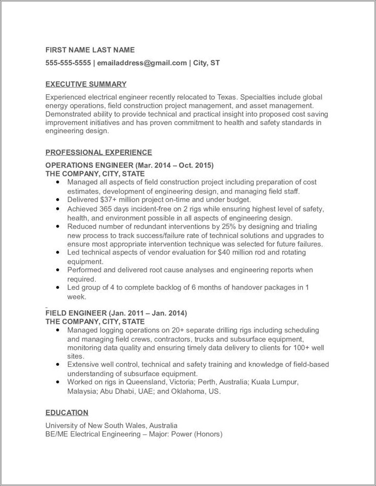 Australia Sample Resume Engineer Resume