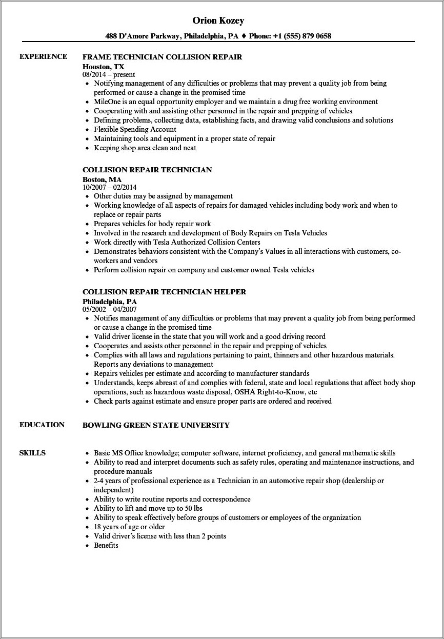 Auto Body Job Description For Resume