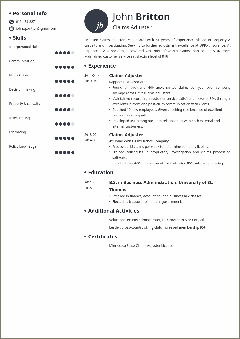 Auto Claims Adjuster Job Description For Resume