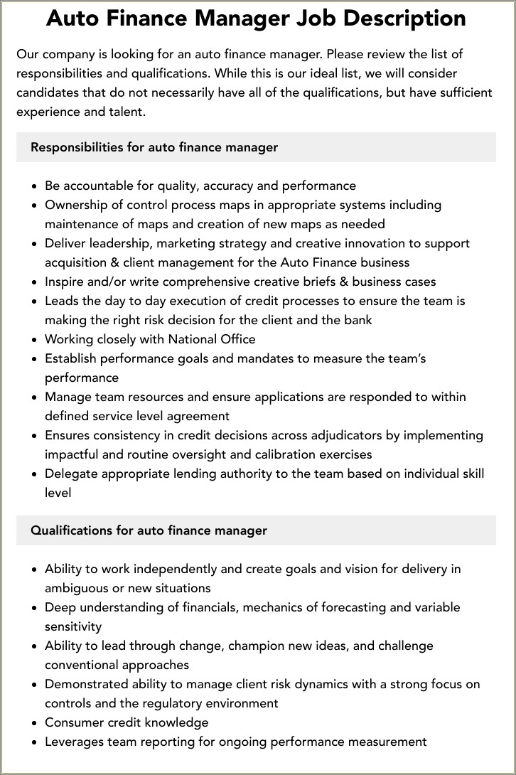 Auto Finance Manager Job Description Resume