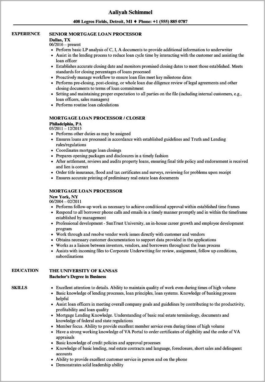 Auto Loan Processor Job Description For Resume