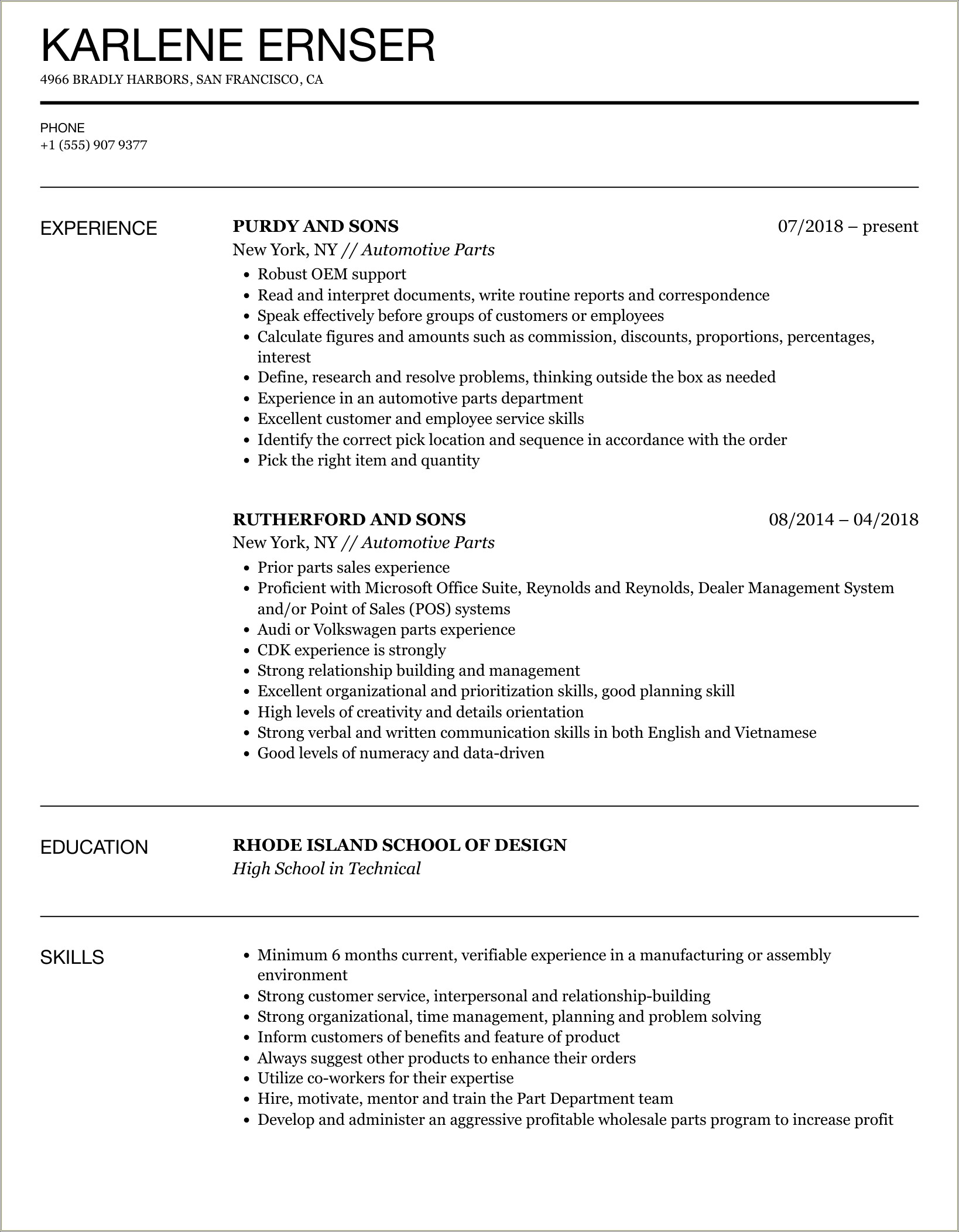 Auto Parts Sales Associate Resume Sample