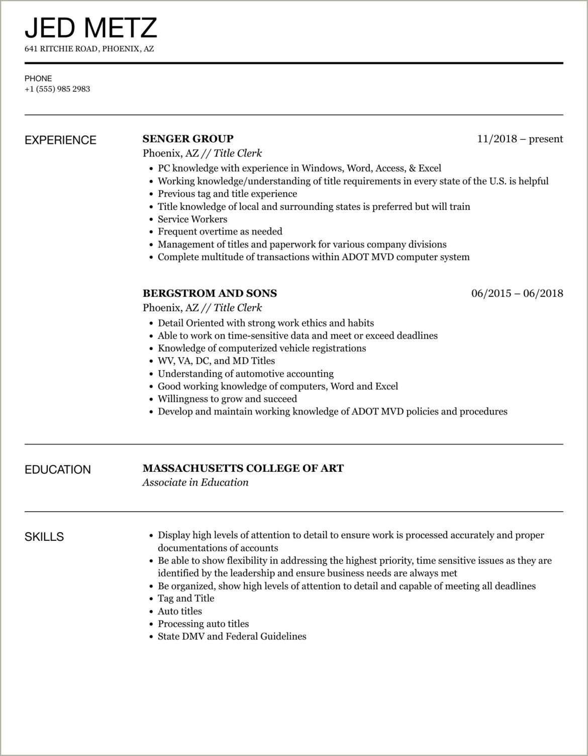 Auto Title Clerk Objective In A Resume