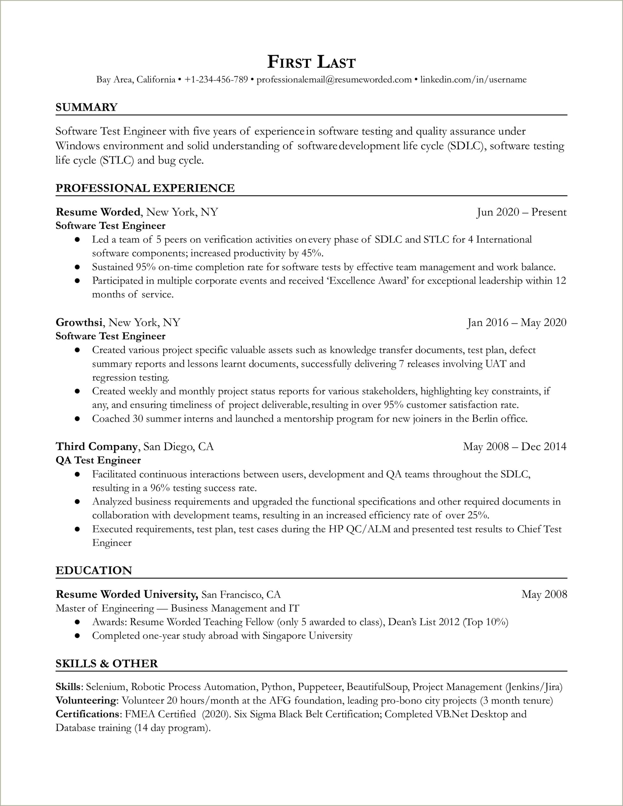 Automation Testing Resume For 1 Years In Experience