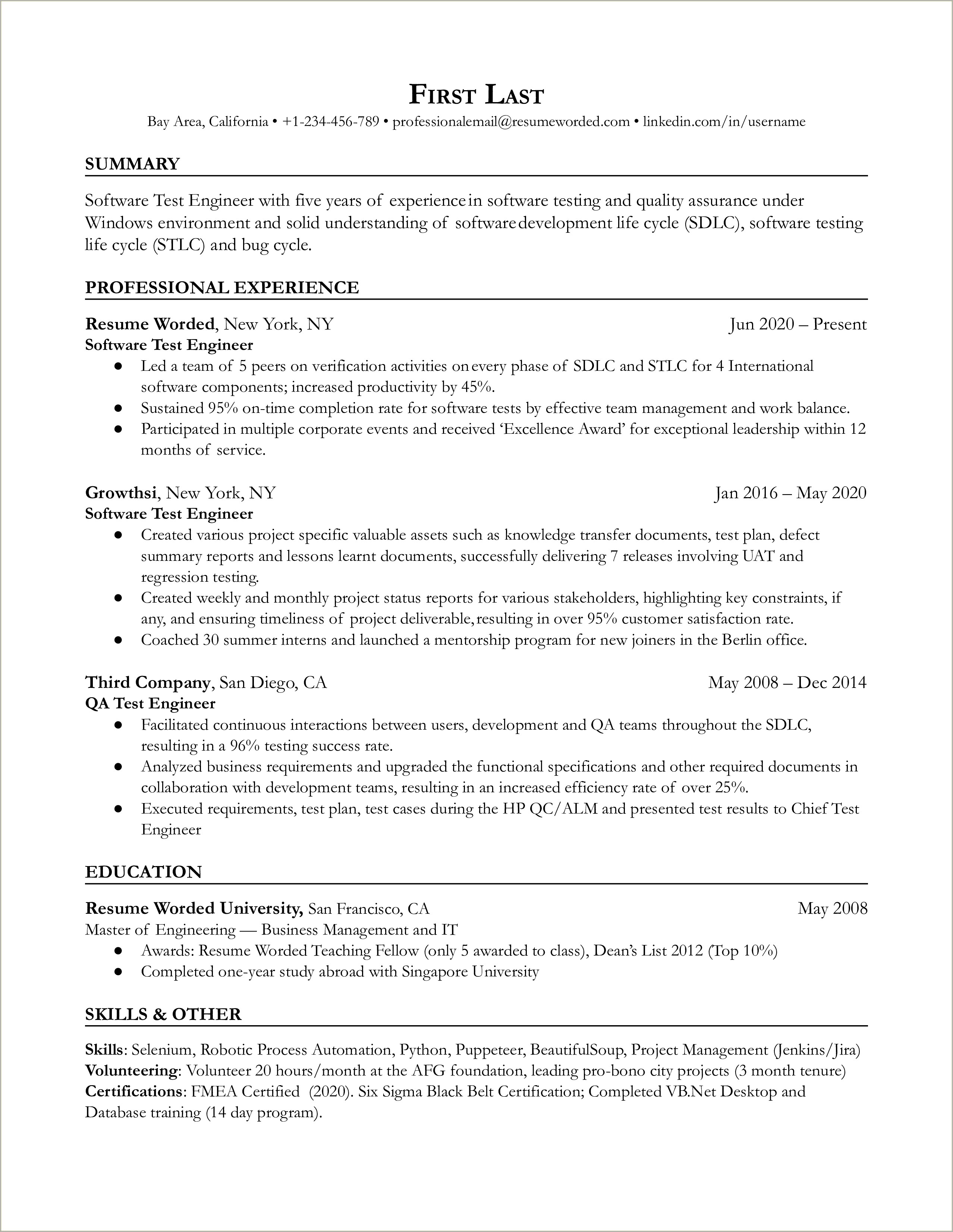 Automation Testing Resume For 1 Years In Experience