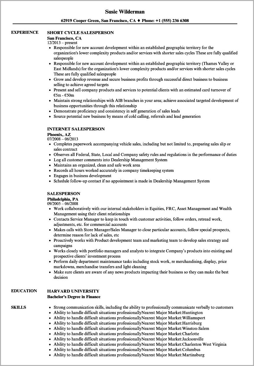 Automobile Salesperson Job Description For Resume