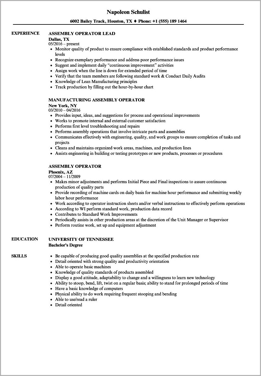 Automotive Assembly Line Worker Job Description Resume