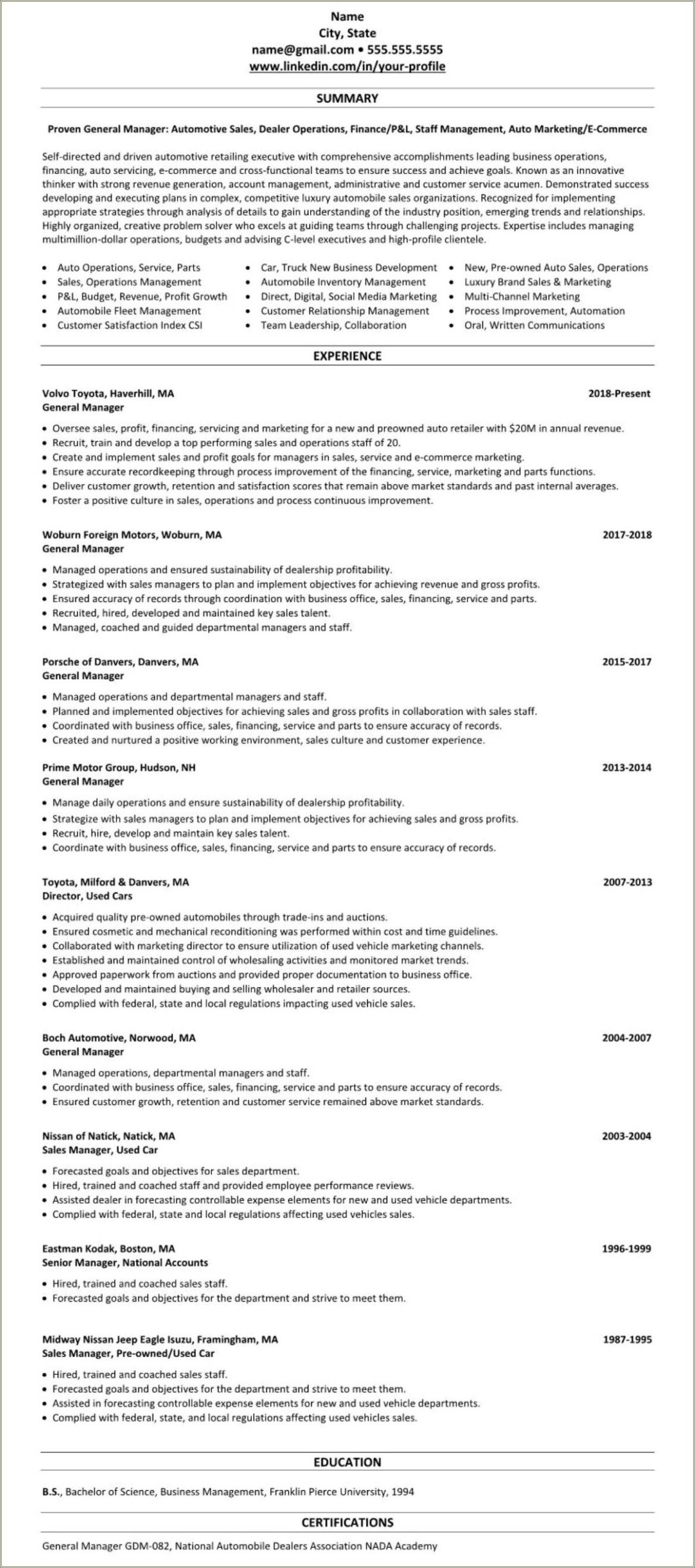 Automotive General Sales Manager Resume Sample