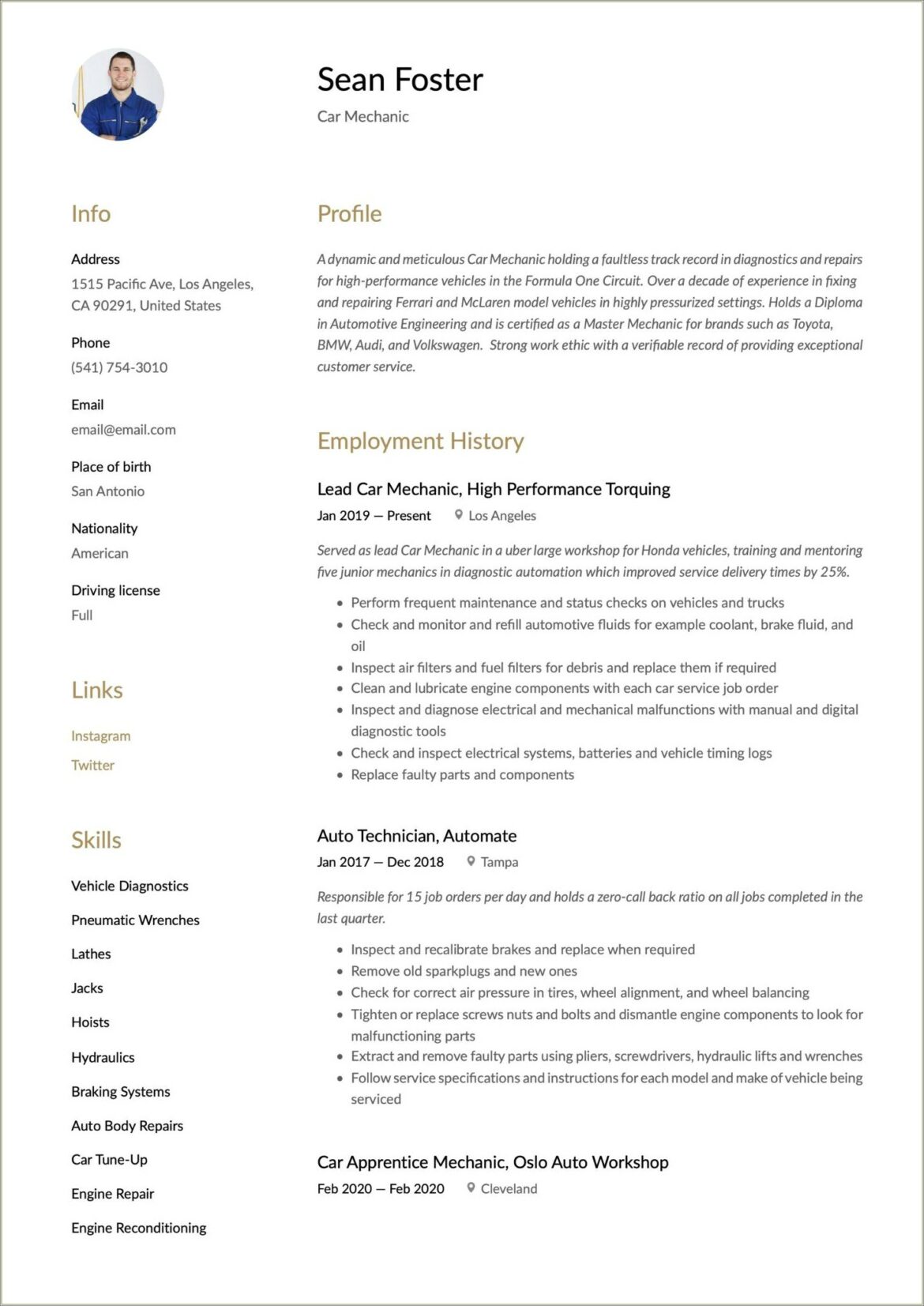 Automotive Techinician And Autobody Repair Resume Description