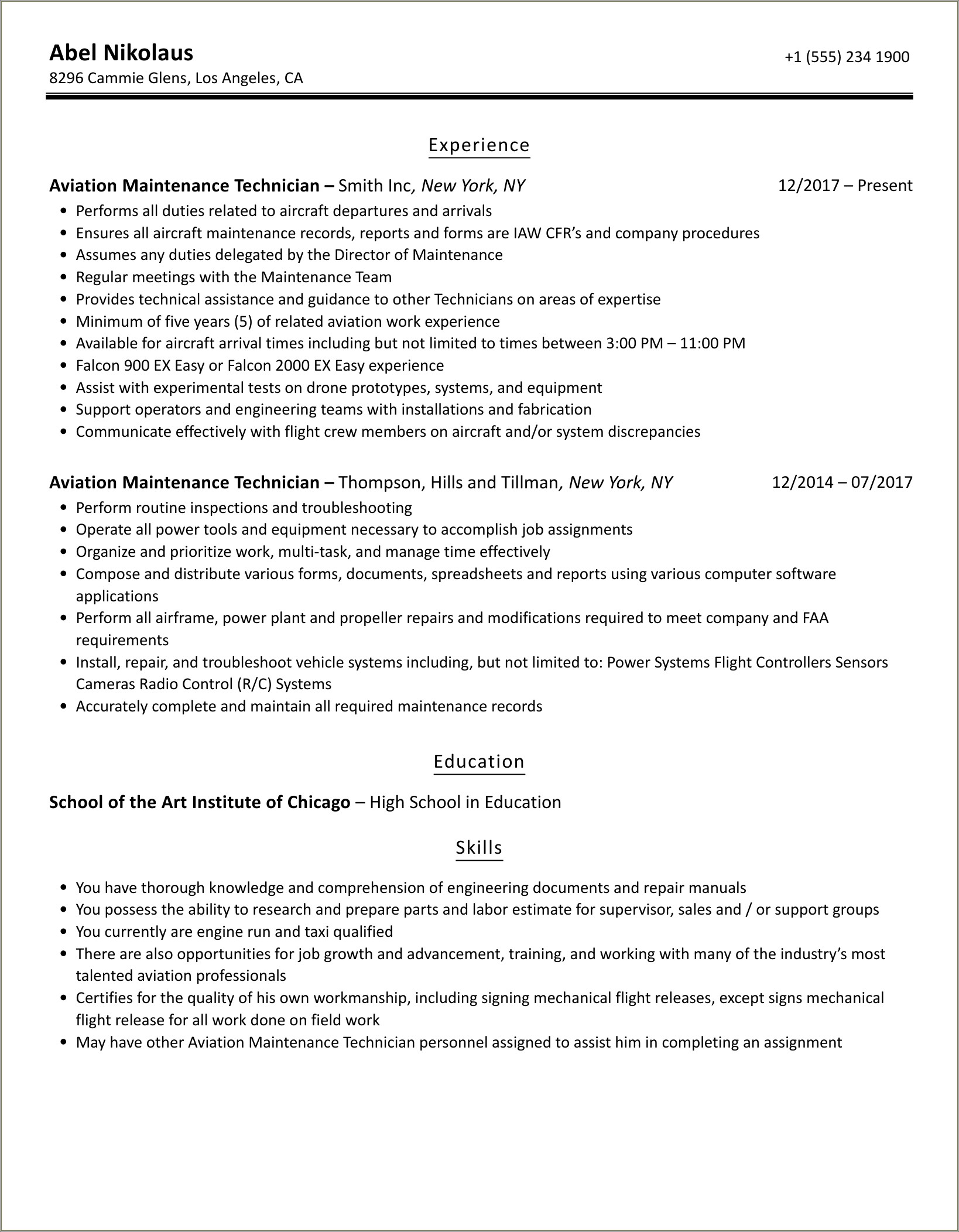 Aviation Machinist Mate Job Description For Resume