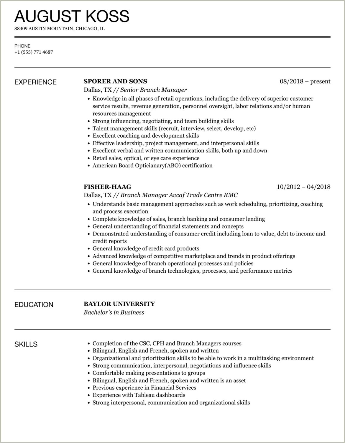 Avp Multi Site Branch Manager Resume