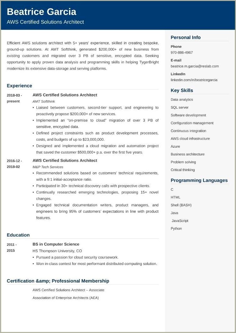 Aws Certified Solutions Architect Associate Resume Sample