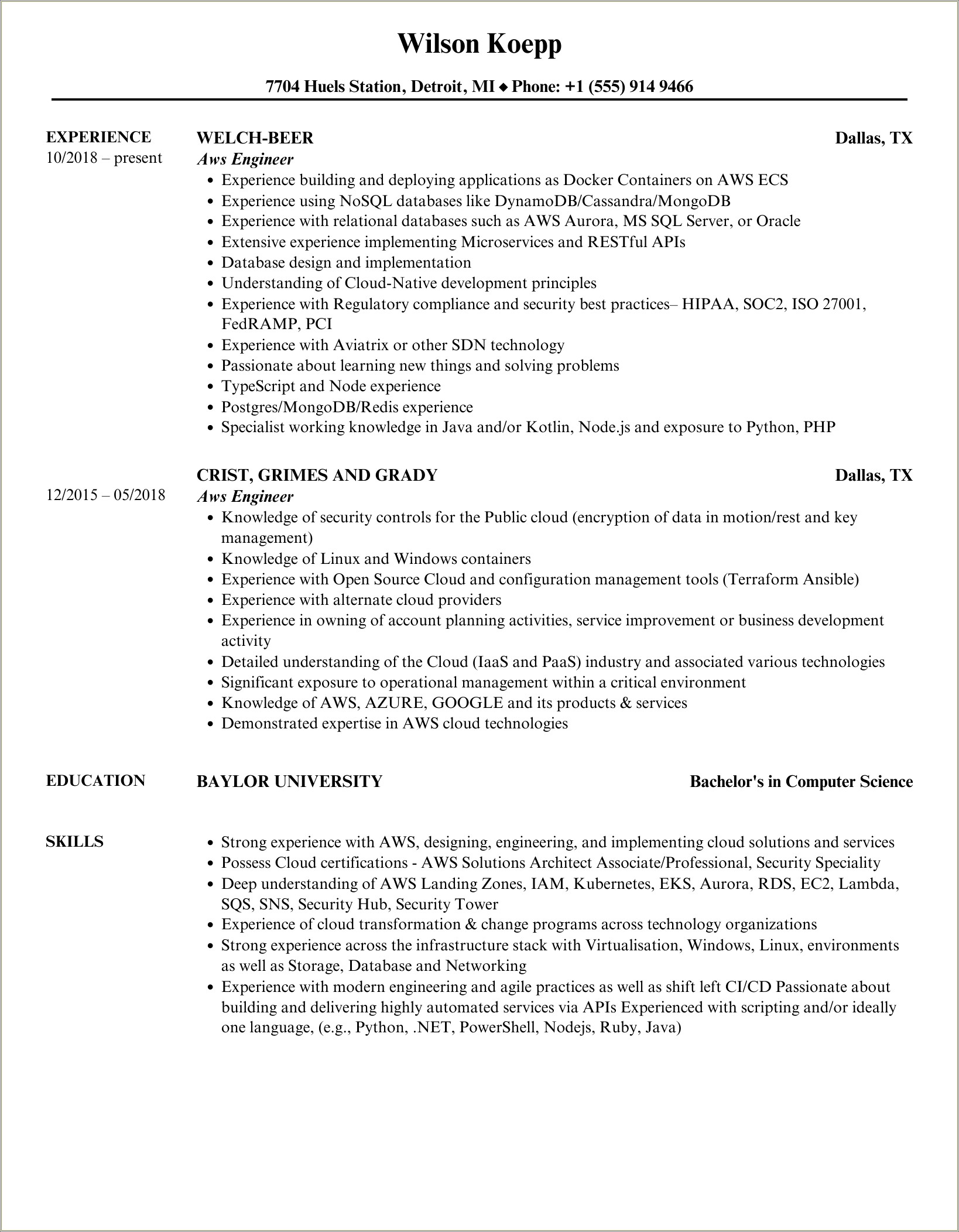 Aws Resume For 2 Years Experience Pdf