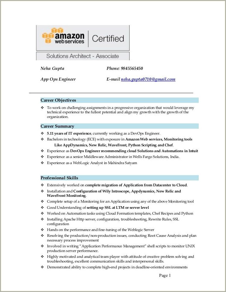 Aws Resume For 4 Years Experience